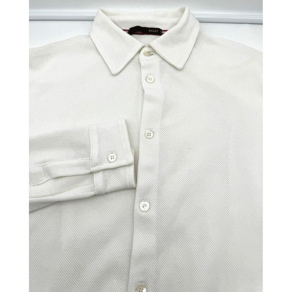 Bally Switzerland Sz 42 Long Sleeve Button Shirt Solid White Knit Designer Flaws